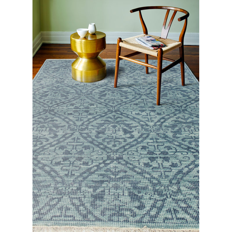 Large Blue Wool Geometric Hand-Knotted Area Rug