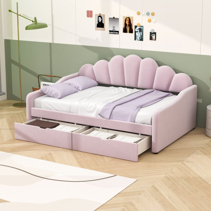 2 Drawers Full Upholstered Daybed with Shell-Shaped Backrest and Center Legs, Rose