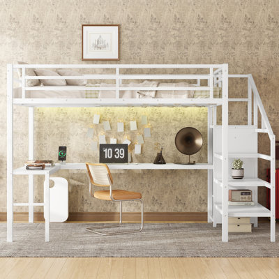 Lit mezzanine double avec bureau en forme de L et port USB, lit mezzanine en métal avec garde-robe et tablette réglable, lit mezzanine haut avec DEL pour enfants, adolescents, adultes, blanc