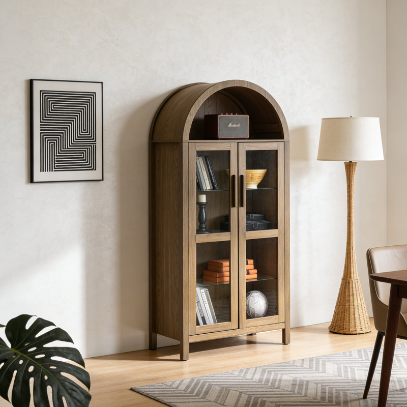Vitrine 67 po à grain de bois vertical - Portes en verre trempé et tablettes réglables