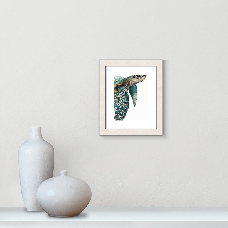 Grande tortue de mer - reproduction de cadre photo, Cadre à grain de bois blanc, H 15,5 po x l 13,5 po x P 1,125 po