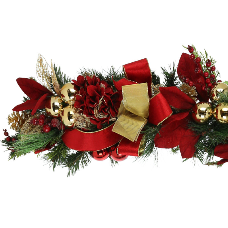 Holiday 6' Garland with Red Hydrangeas and Ornaments
