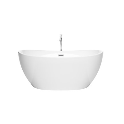 Rebecca 55 Inch Freestanding Bathtub in White with Floor Mounted Faucet, Drain and Overflow Trim in Polished