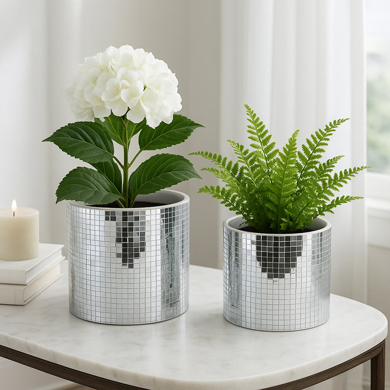 Sagebrook Home Elegant Silver Ceramic Disco Planter, 2-Pieces