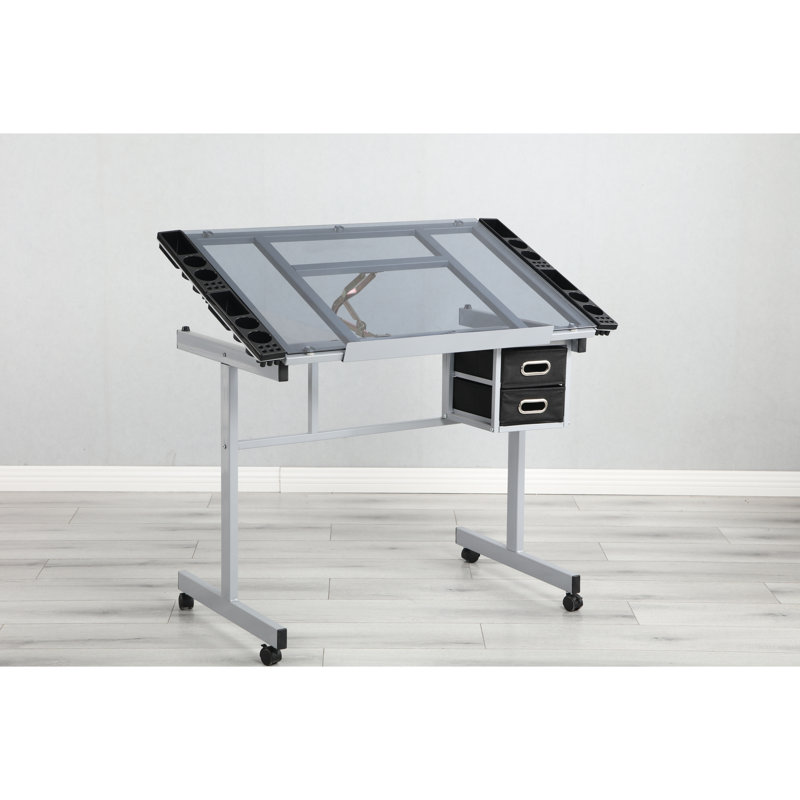 Table à dessin réglable pour l'artisanat, rebord à crayons coulissant de 24 po, 2 tiroirs en tissu, 4 roulettes avec freins, plateau de 70 degrés, surface en verre, structure en acier thermolaqué, gris argenté, largeur de 23,24 po,