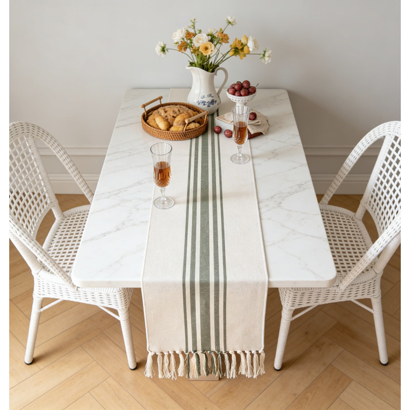 Handcrafted Table Runner With Tassels For Modern Farmhouse Decor, Striped Dining Table And Coffee Table Cover, Green