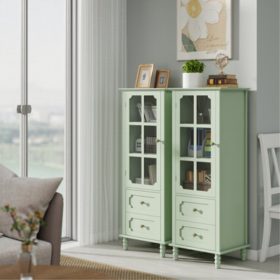 Buffet minimaliste avec portes en verre et double tiroir, armoire de rangement moderne en bois pour le salon, le vestibule, le couloir et l'entrée