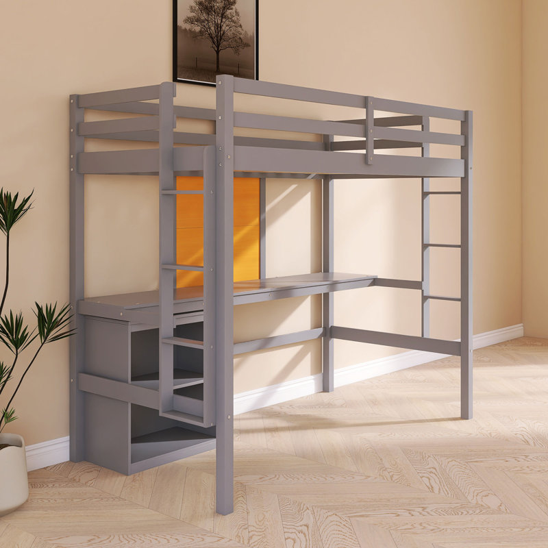 Lit mezzanine en bois avec tableau d'écriture, gris, Lit simple