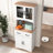 White Wooden Kitchen Pantry Storage Cabinet with Framed Glass Doors & Drawer, Microwave Cabinet
