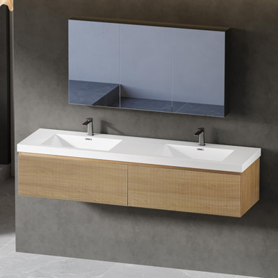 24-72" Floating Bathroom Vanity Modern Wall-Mounted Striped Single/Double Bathroom Storage Cabinet with 2 Soft-Close Drawer, Integrated Stone Basin