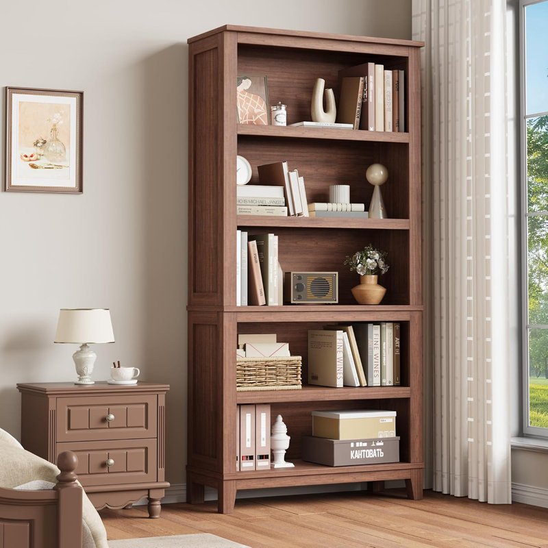 71" Bookcase w/Adjustable Shelves & 31.5 in Whidth, 5 Tier Tall Bookshelf with Wooden Legs, Rustic Vintage Bookcase for Living Room Office Library