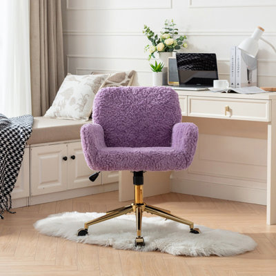 Chaise de bureau, chaise de bureau à domicile en poils de lapin artificiels avec base en métal doré, chaise de bureau pivotante et réglable, chaise de coiffeuse (violette)