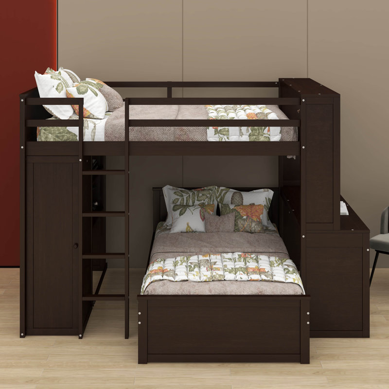 Lit mezzanine double avec lit autonome, bureau et garde-robe, Espresso