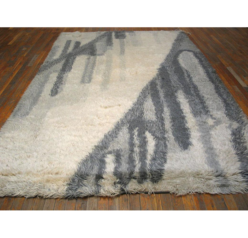 1960s Gray Abstract Vintage Swedish Rya Carpet 6'2"x9'6" Knotted Wool Rug