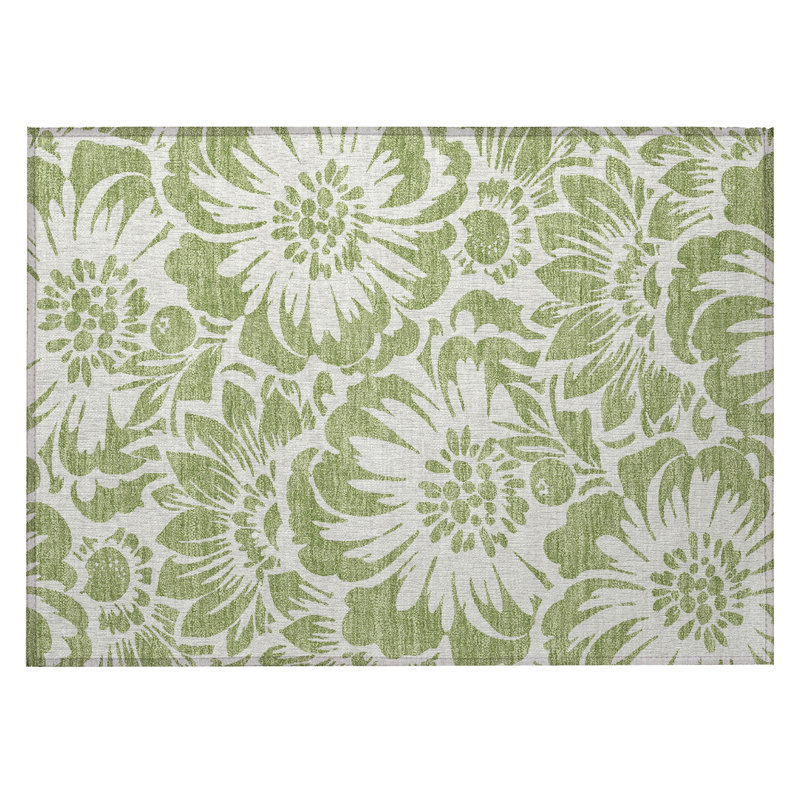 2' X 3' Green and Ivory Floral Washable Non Skid Indoor Outdoor Area Rug