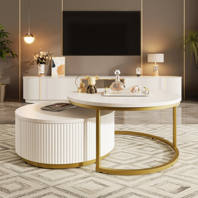Modern Round Nesting Coffee Table Fluted With Drawer In White & Gold In 31.5''