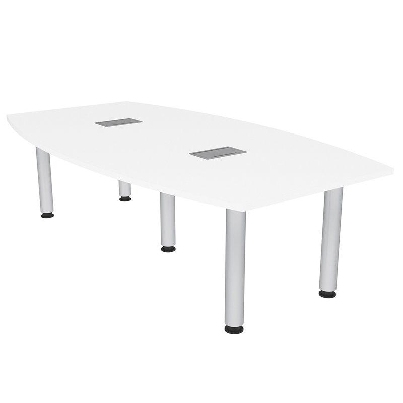 Table de conférence en forme de bateau à moteur avec pieds argentés, L 84 po x l 48 po, Blanc classique, Argent argent