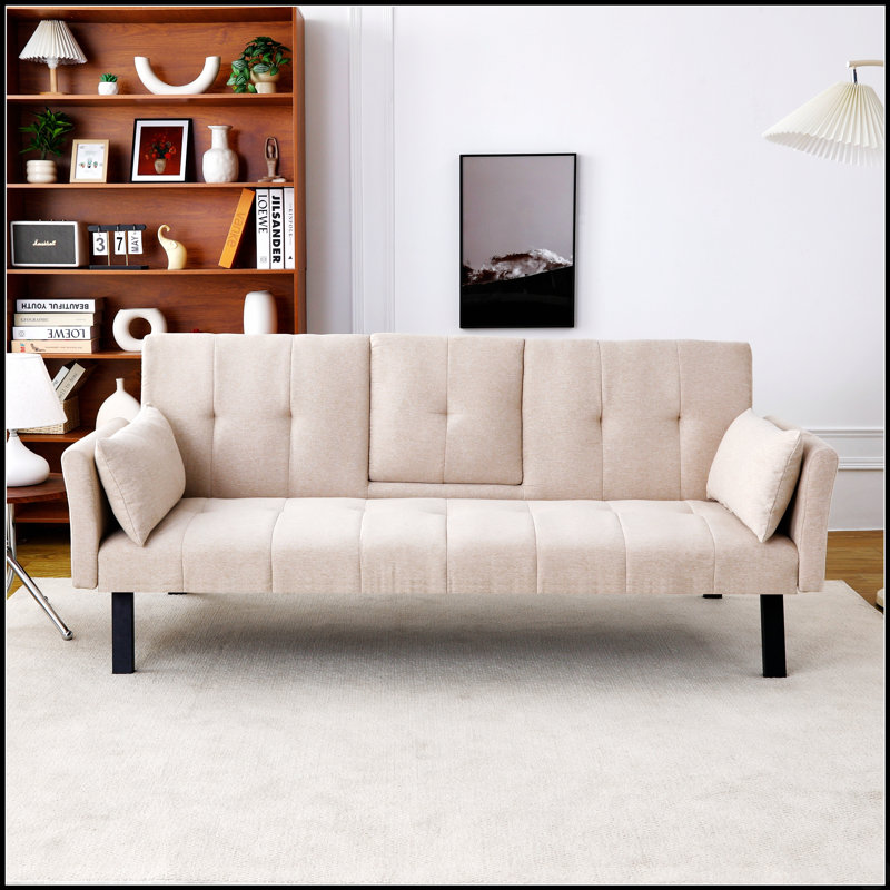 Versatile Cotton Linen Convertible Sofa Bed with Cup Holder and Side Storage for Compact Living Spaces
