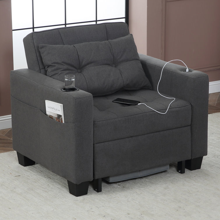 Jaylon 99Cm Wide Linen Convertible Sleeper Chair Single Sofa Bed with Cup Holder,USB