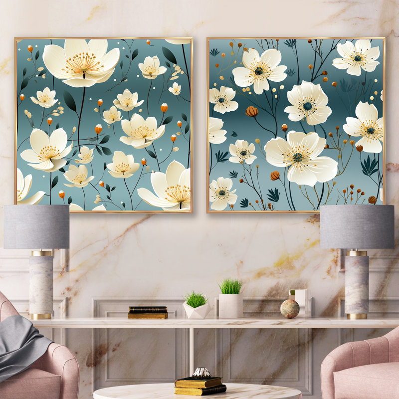 Artèmesia - Ensemble de 2 collages floraux carrés, H 16 po x l 33 po, Cadre flottant doré