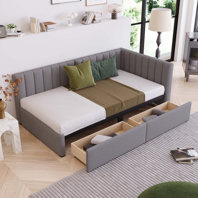 Upholstered Daybed with 2 Storage Drawers Twin Size Sofa Bed Frame No Box Spring Needed, Linen Fabric, Gray
