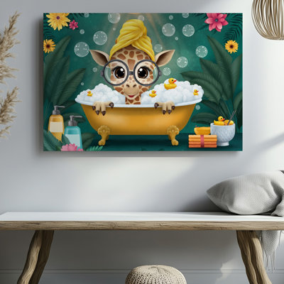 Canvas A Whimsical Scene Featuring A Giraffe With A Playful Expression Wall Art Wearing Oversized Glasses And A Bright Yellow Towel On Canvas Wall Art
