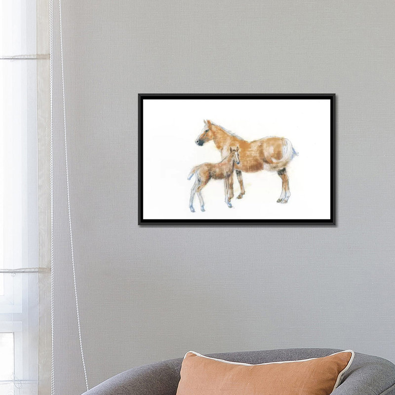 Cheval et poulain, impression sur toile tendue, H 18 po x l 26 po x P 1,5 po, Toile avec cadre noir, Pas de tapis
