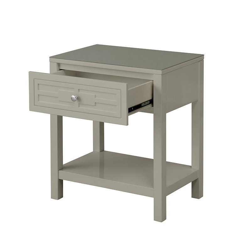 23"W Wooden End Side Table Nightstand With Glass Top And Drawer