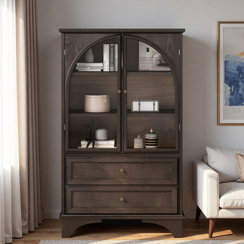 Armoire de rangement vitrée avec 2 tiroirs et tablettes réglables, Brun