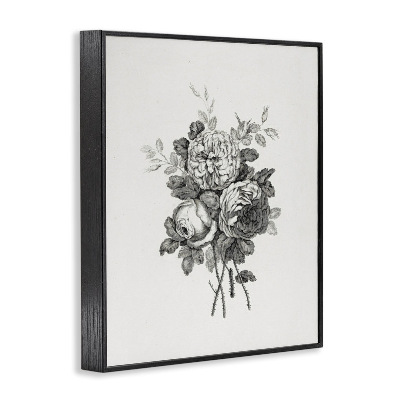 Fleurs mixtes monochromes, estampe numérique, design par lettré et doublé, Giclée encadrée noir minuit, H 14 po x l 11 po
