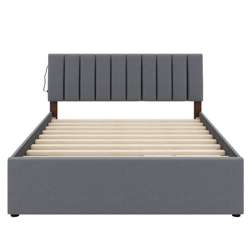 Lit plateforme tapissier Teddy, Gris, Grand lit