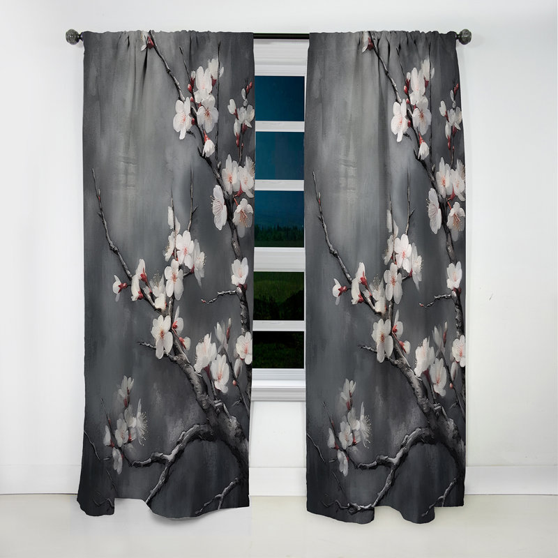 Cerisier en fleurs blanc sur 20 nuances de gris - Rideau occultant floral cerisier - 1 panneaux, L 52 po x L 95 po