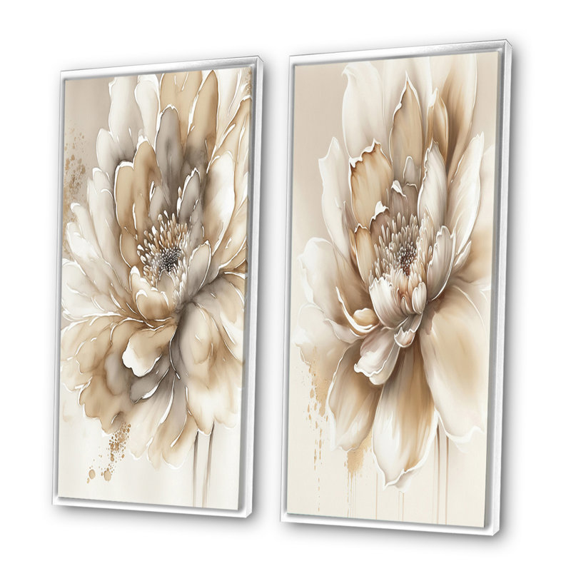 2 pièces sur toile - Fleur beige simple, Cadre blanc, H 32 po x l 32 po