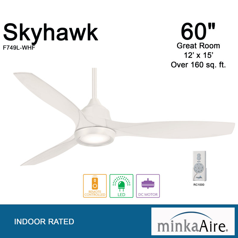 60" Sky Hawk 3 -Blade LED Standard Ceiling Fan with Remote Control and Light Kit Included, White