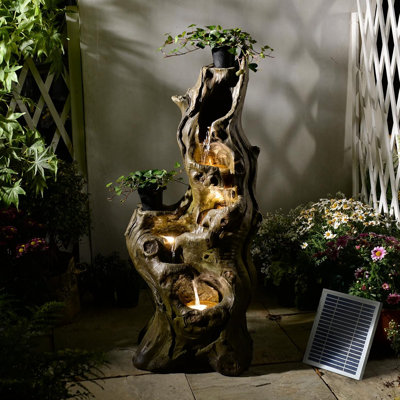 Grande cascade de cascade solaire à 5 niveaux avec fontaine solaire | Fontaines d'extérieur réalistes en forme de tronc d'arbre réaliste, imitation bois de résine avec lumières DEL pour le jardin, le patio, le porche