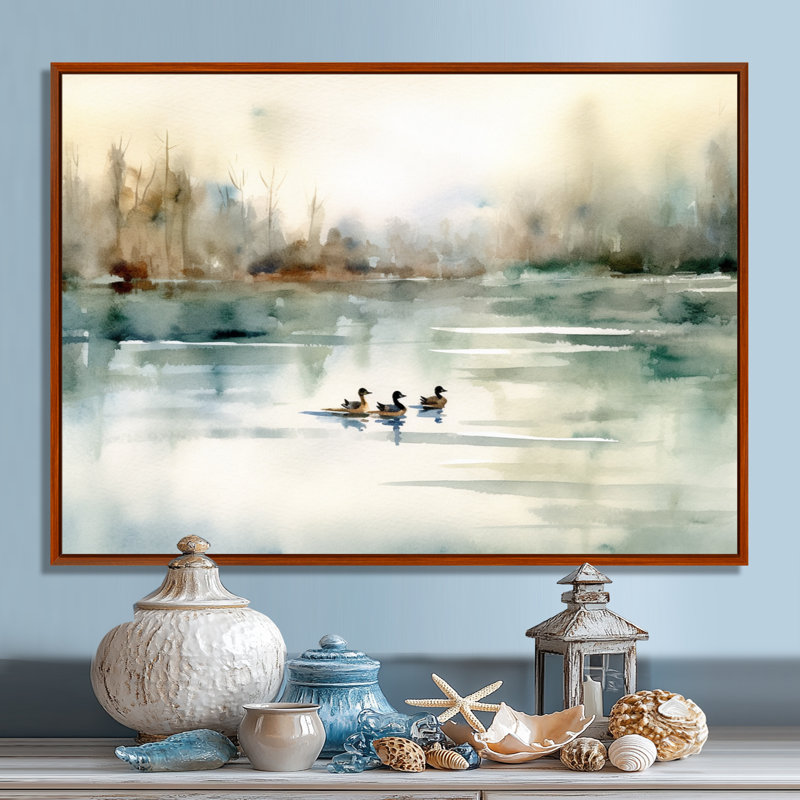 «Ducks in Pond I» - Art mural sur toile, H 24 po x l 32 po, Brun, Reproduction avec cadre flottant