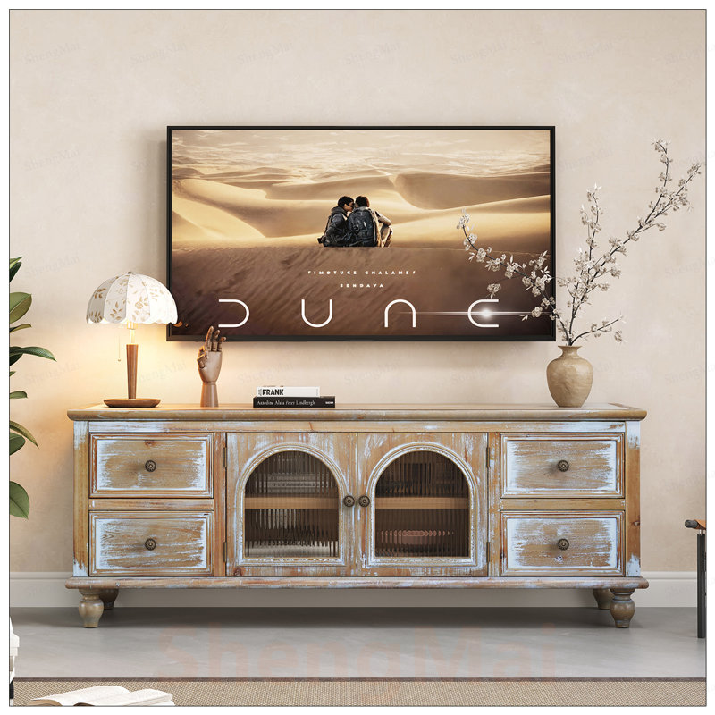 Meuble télé 60 po avec 4 tiroirs, 2 portes en verre, console multimédia en bois rustique et centre de divertissement vieilli pour un décor moderne et rétro