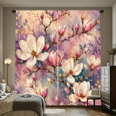 2PCS Watercolor Magnolia Floral Light Filtering Rod Pocket Curtains, Fresh Spring Bloom Art Print Window Drapes, Easy Install Rod Pocket Design, All Season Refreshing Home Decor for Living Room, Bedroom, Study, Elegant Spring Floral Window Coverings