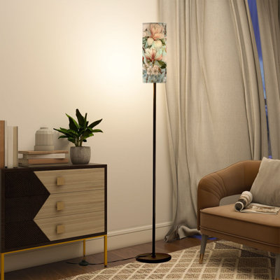 PeeNoke 68.5" Standing Floor Lamp Vintage Magnolia Floral Botanical Dimmable Metal Pole Lamp with Linen Lampshade LED Bulb Included