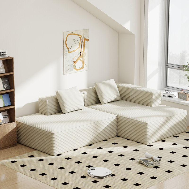 Canapé modulaire en L 89 po en velours côtelé avec méridienne à assise profonde en velours côtelé 89 po, sans assemblage requis | Livraison en boîte compressée