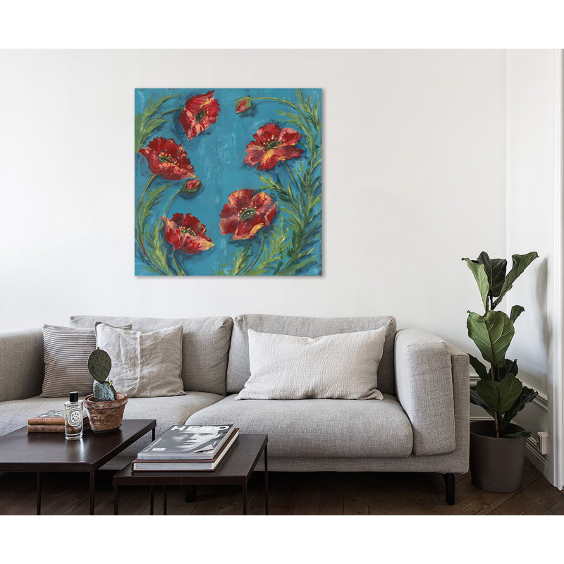 «Red Poppy Toss On Teal», reproduction sur toile tendue, H 18 po x l 18 po x P 1,5 po
