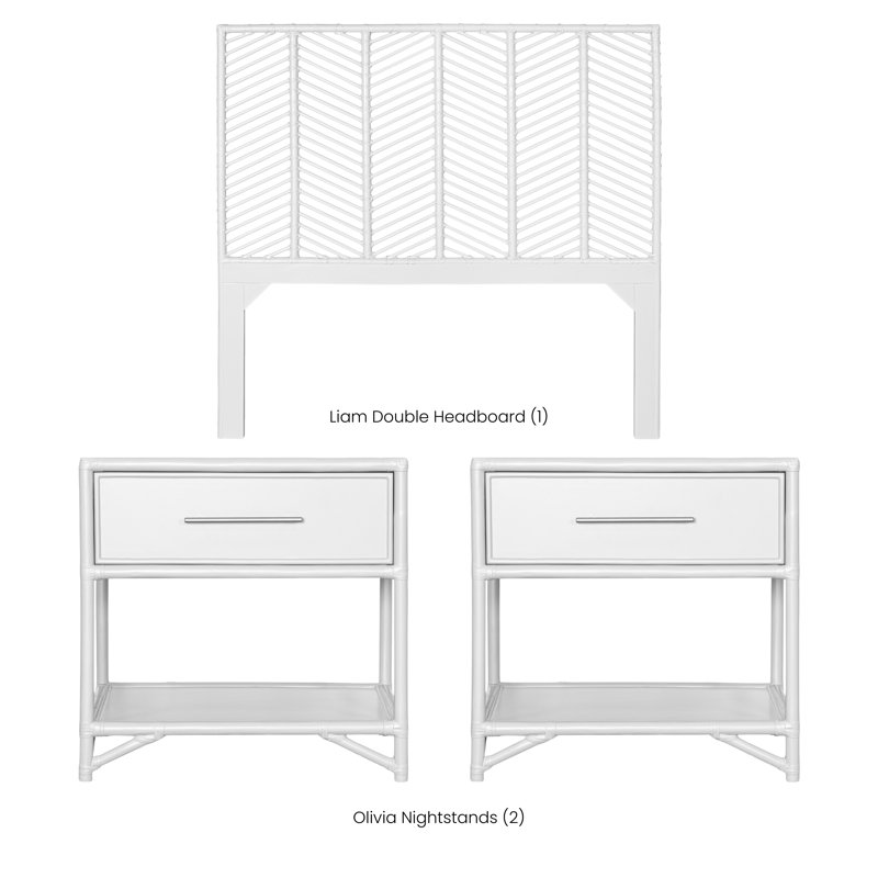 Liam Queen Headboard And Olivia Nightstand Set – Navy Blue, Full, White, 3 Pcs: Headboard, 2 Nightstands