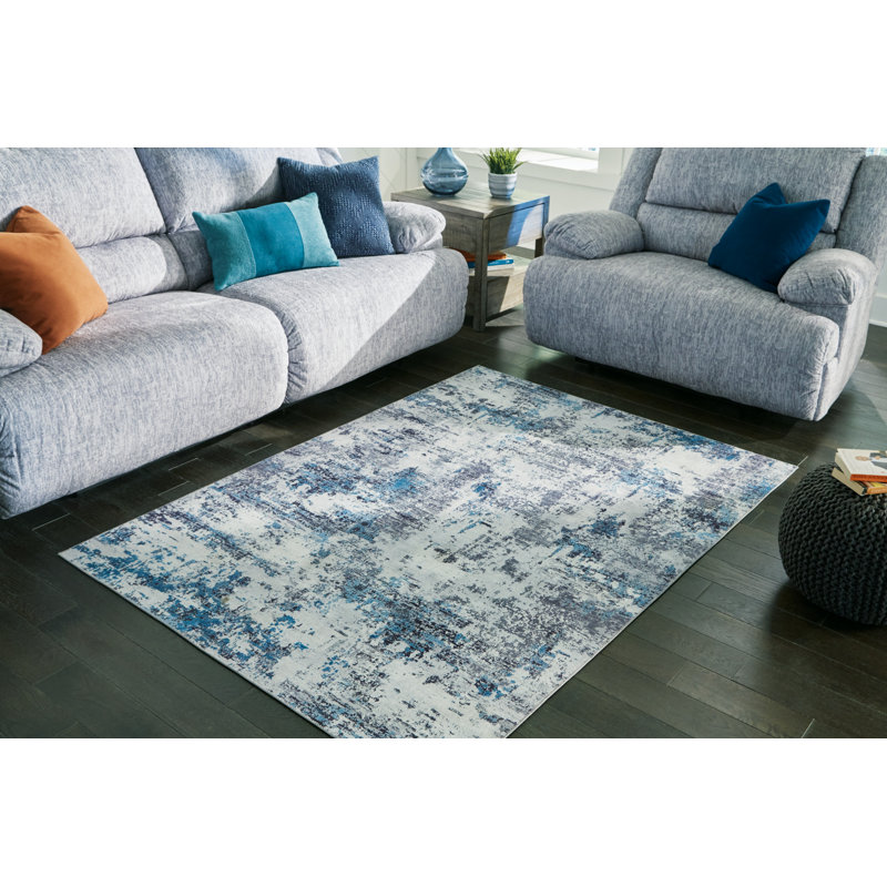 5' x 7' Blue Gray White Abstract Synthetic Rug