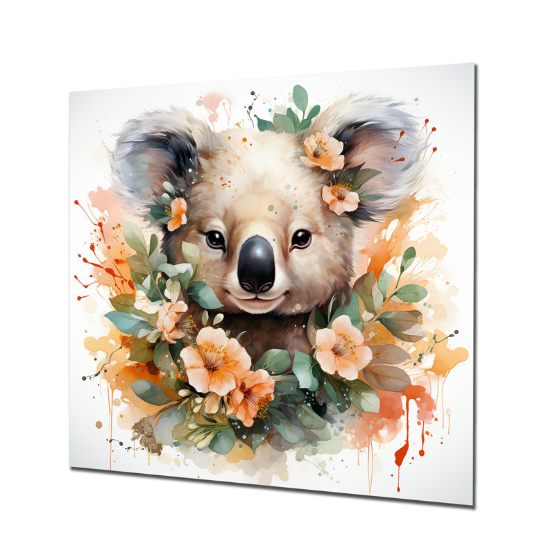 Koala S Gentle Floral Gaze II - Koala Animal, art mural en métal, H 16 po x l 16 po x P 1 po