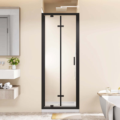 Black Framed Bi-Fold Pivot Shower Door, 28"X72", Space-Saving Folding Design, 1/4" Clear Tempered Glass, Reversible Mount, Stainless Steel Handle