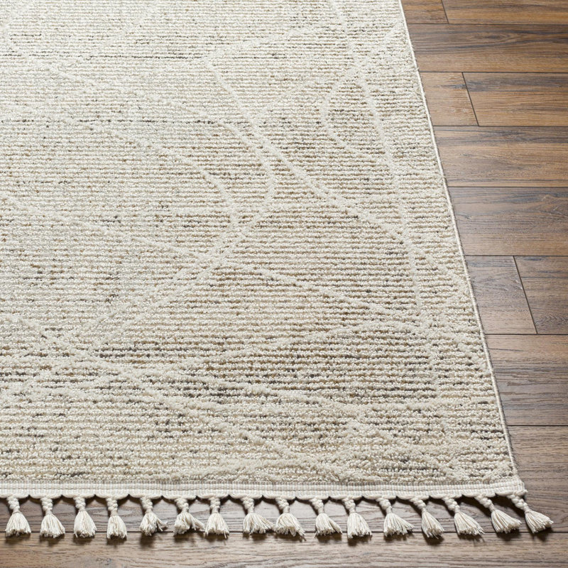 Tapis rectangulaire gris clair / beige en polyester tissé à la machine Woodbine, Rectangle 9 pi 2 po x 12 pi