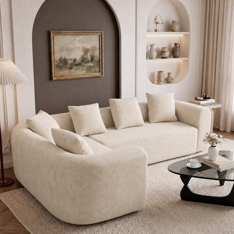 Canapé modulaire à assise profonde en L rembourré avec coussins Modern Modern, Gauche, Beige
