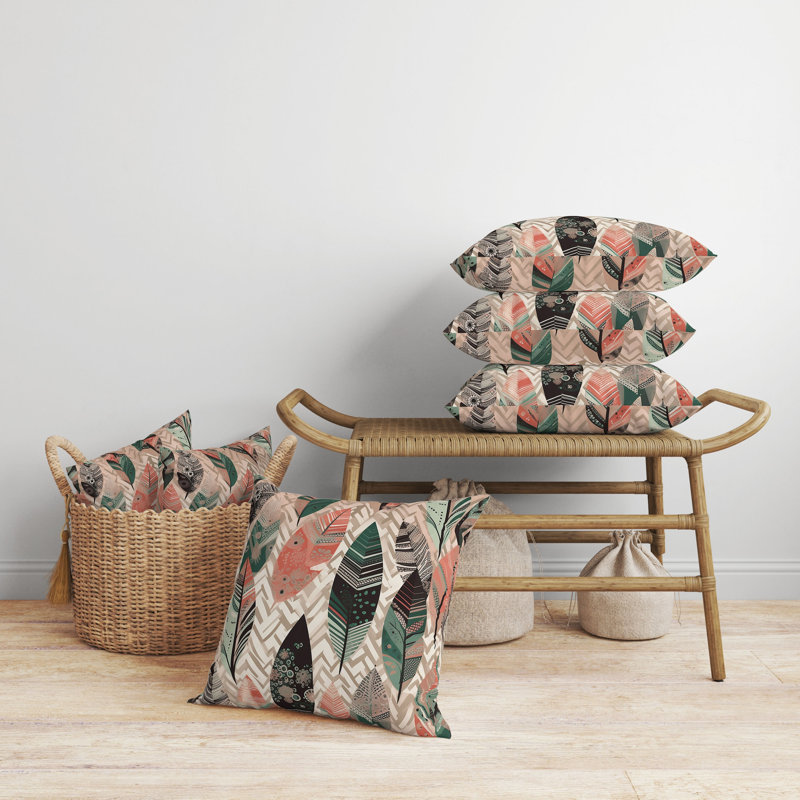 Oreiller réversible d'intérieur / extérieur Leafy, Vert / rose, H 16 po x l 16 po