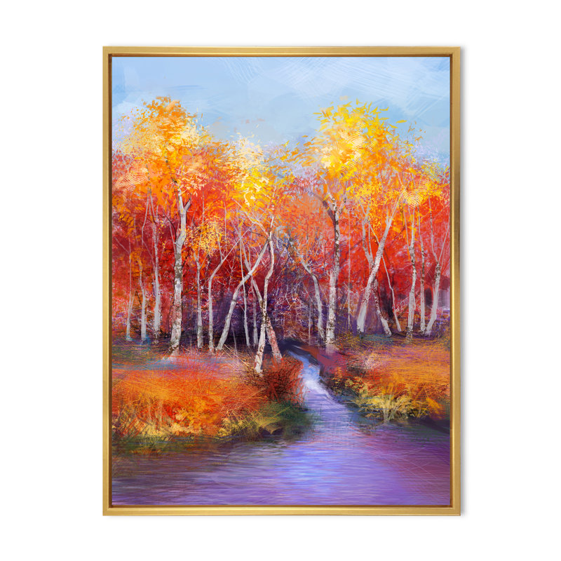 Abstrait forêt d'automne par le défunt II - Peinture, H 12 po x l 8 po x P 1 po, Cadre flottant doré