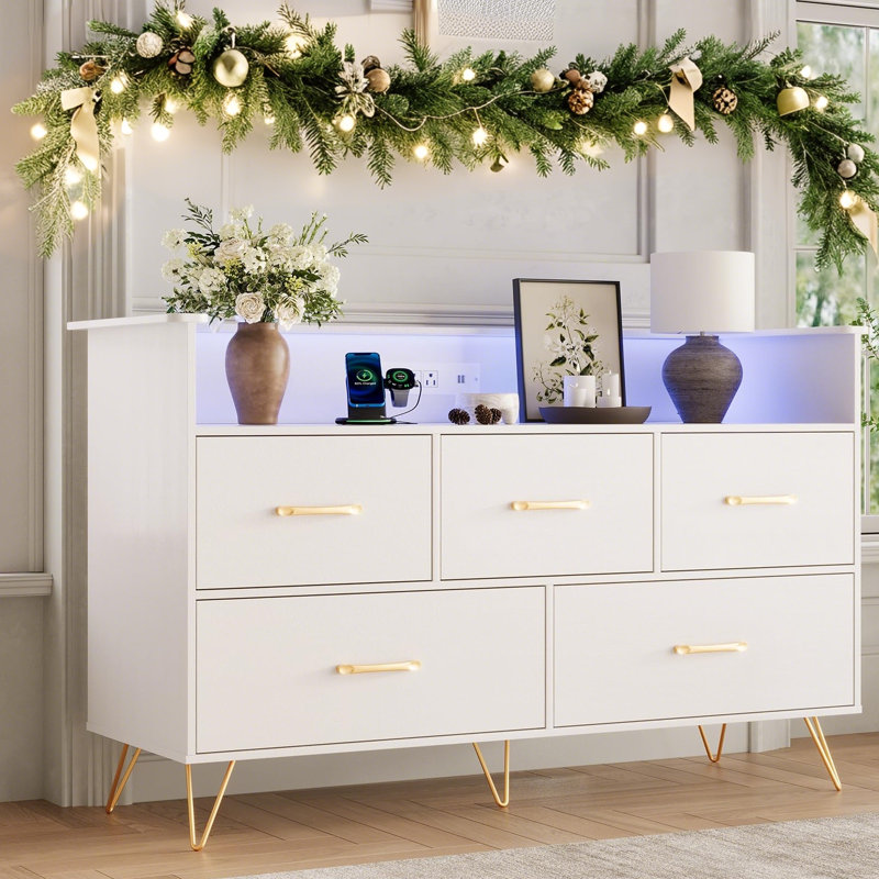 47" Dresser with LED Lights & Charging Station, 5-Drawer Wood Storage Cabinet for Bedroom, White